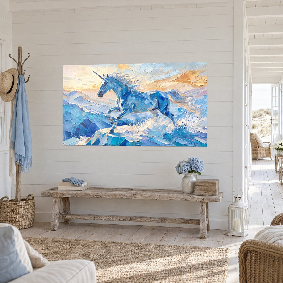 Quadro Cavallo alato di ghiaccio, corno affusolato, schizzi bianchi e creste azzurre delle onde, visto di tre quarti, casa sul mare