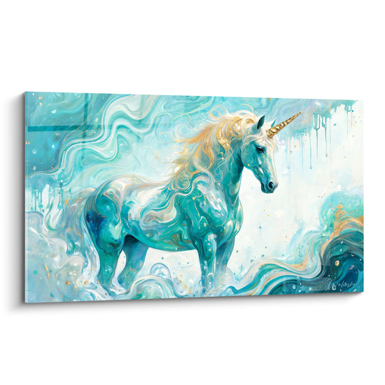 Tableau Licorne turquoise à crinière dorée - Songe aquatique - Edition Licorne