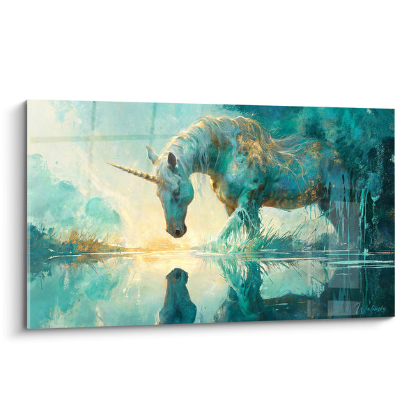 Tableau Licorne turquoise et dorée penchée vers l'eau - Miroir d'eau sacré - Edition Licorne