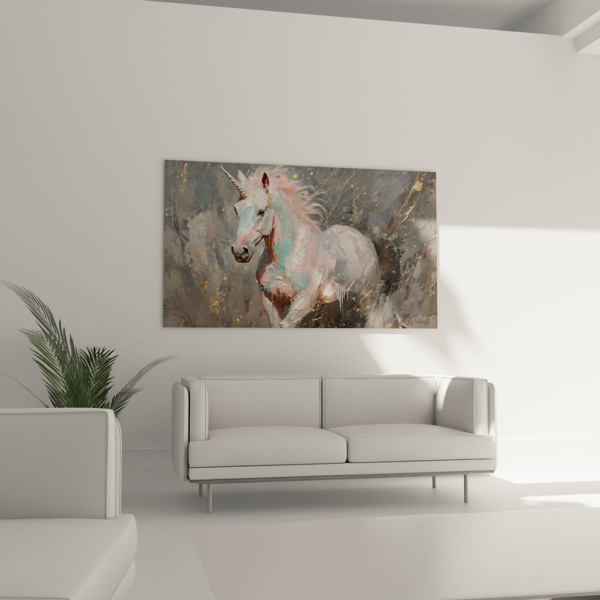 Créature fantastique aux teintes pastel et dorées, accrochée au-dessus d'un canapé dans un salon lumineux