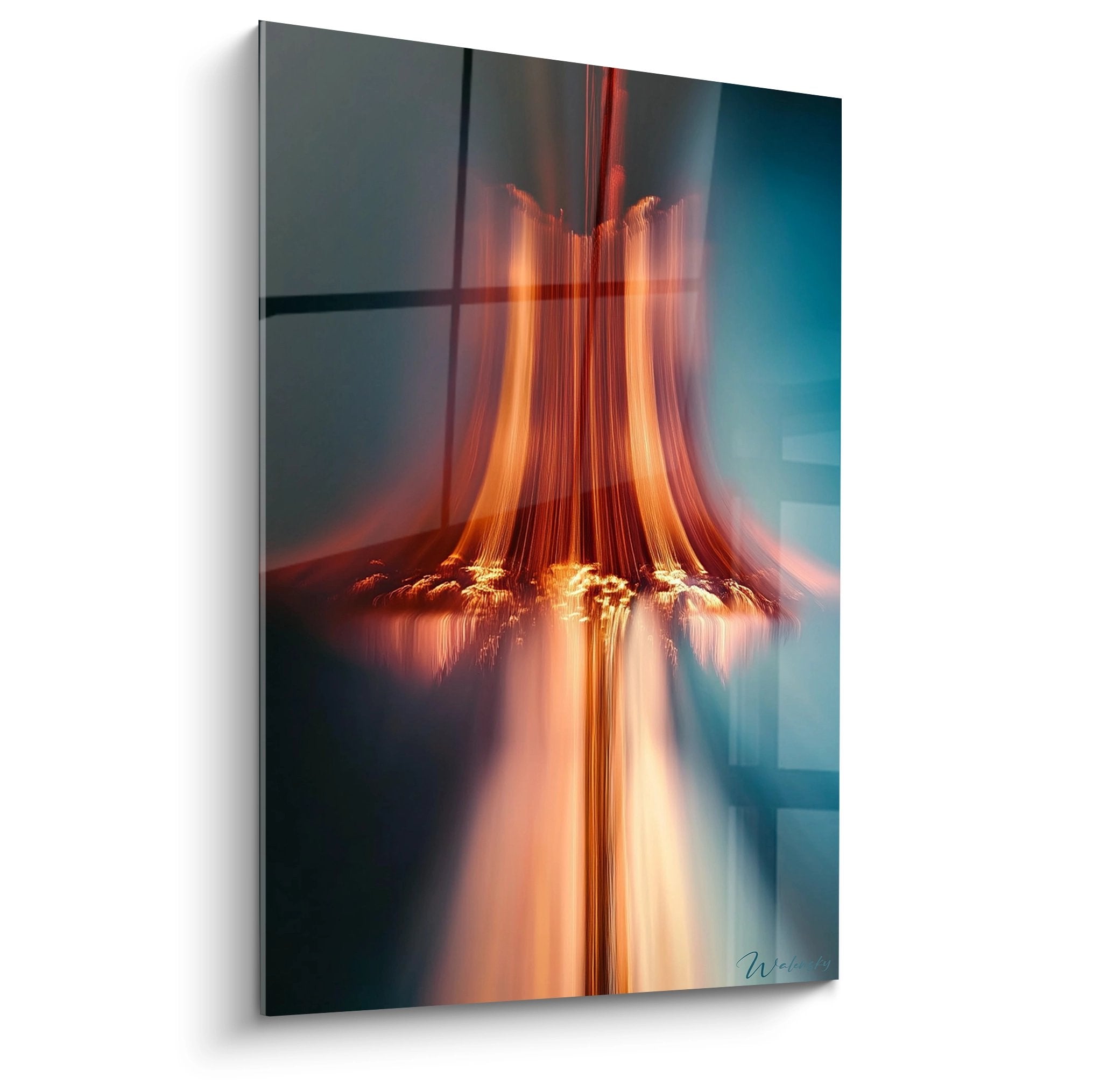 Tableau light painting cascade lumière orange avec reflets, art mural moderne décoratif