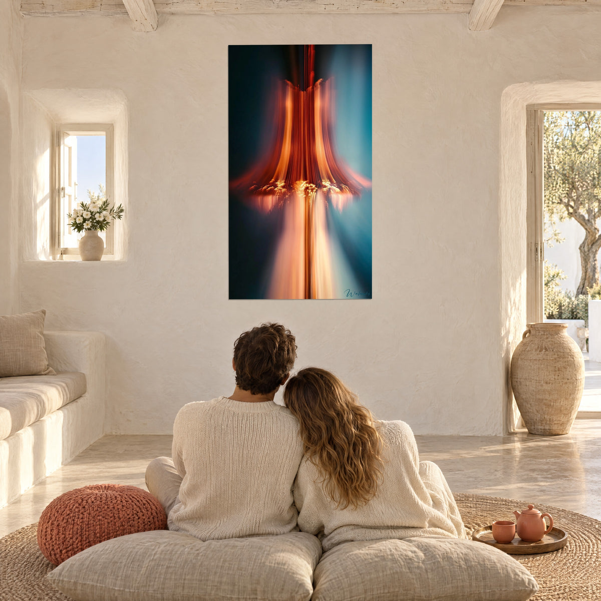 Tableau corolle lumineuse orange et rose pêche sur fond bleu nuit, regardée par un couple de dos assis sur des coussins au sol