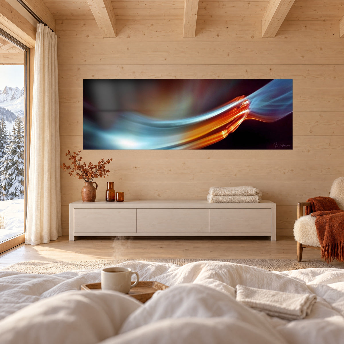 Gemälde flammendes Lichtband, glühendes Orange und Himmelblau auf schwarzem Grund, über einem Bett in einem hellen Schlafzimmer