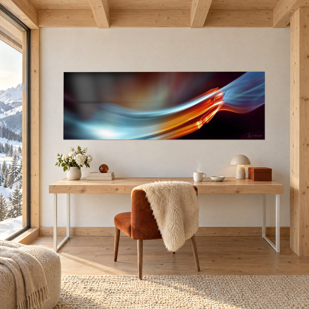 Gemälde Lichtwoge in Bewegung, gebranntes Orange und Hellblau auf dunklem Grund, über einem hellen Holzschreibtisch am Fenster