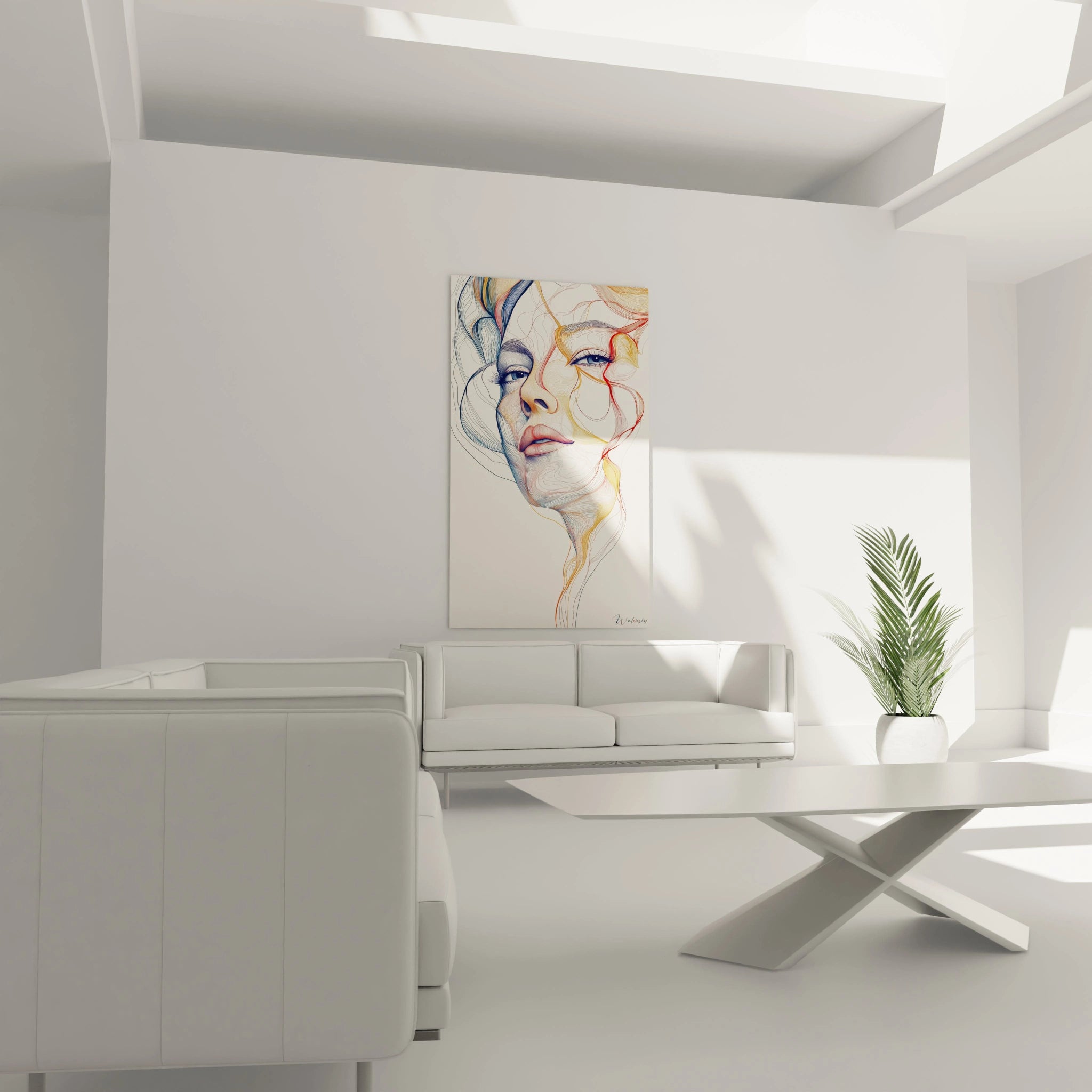 Un tableau visage abstrait aux lignes fines et colorées dessinant un visage féminin contemplatif. La composition alterne entre bleu profond côté gauche et tons dorés-orangés côté droit, avec des accents rouges soulignant les lèvres sur fond neutre.
