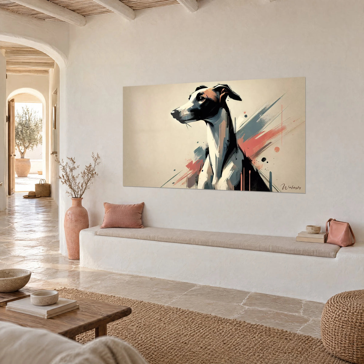 Tableau whippet de profil, museau fin et oreille rabattue, traits d'encre noire sur beige, au-dessus d'une banquette en pierre