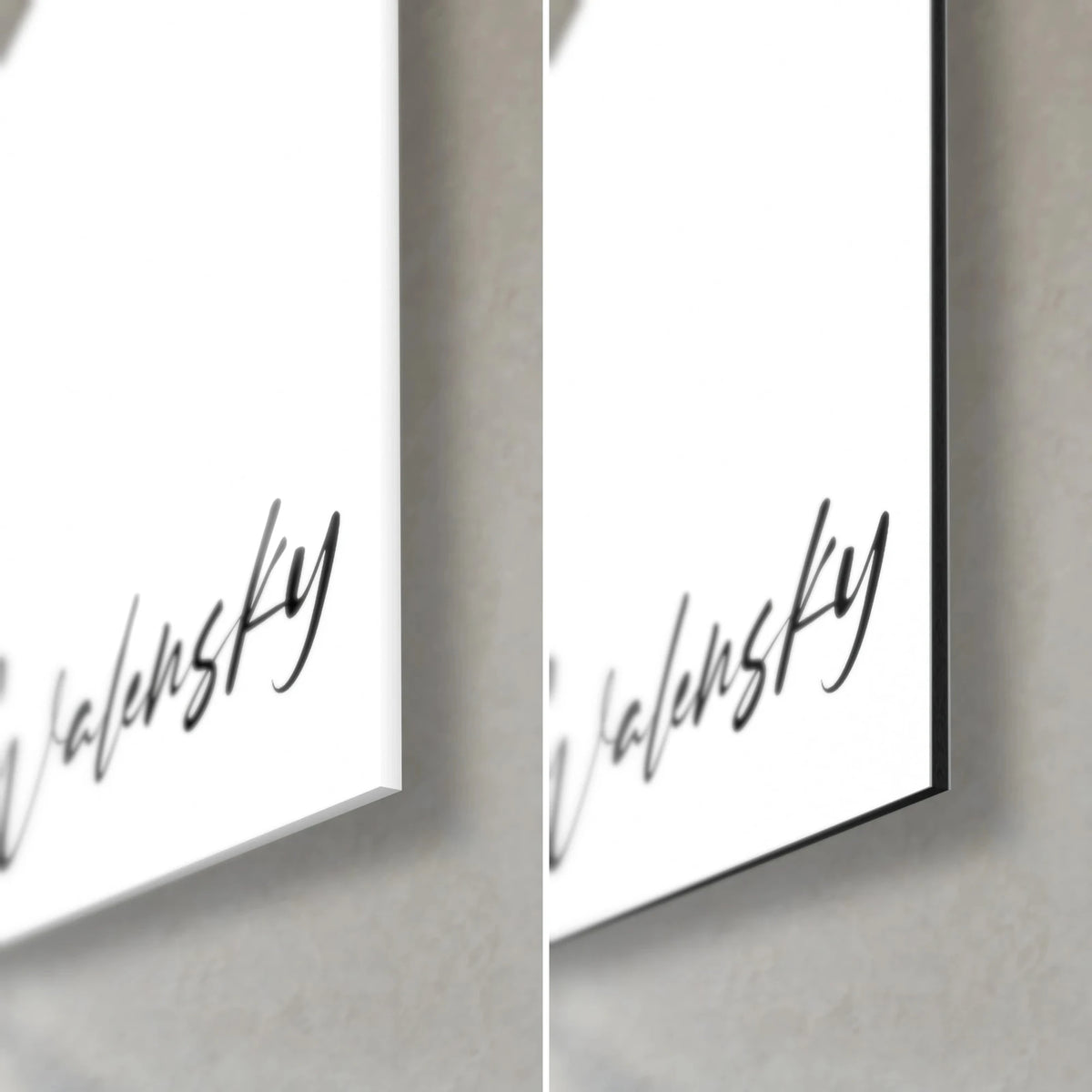 Tableau élégante au grand chapeau, coin bas droit : signature noire Walensky, verre brillant à gauche, Dibond blanc mat à droite