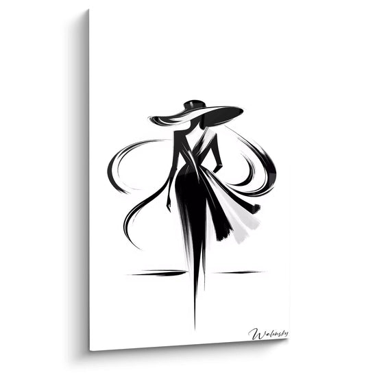 quadro in bianco e nero visto di scorcio il gioco delle linee fluide e dei contrasti monocromi cattura l'eleganza della silhouette con il suo cappello e i drappeggi movimento sottile e raffinato

