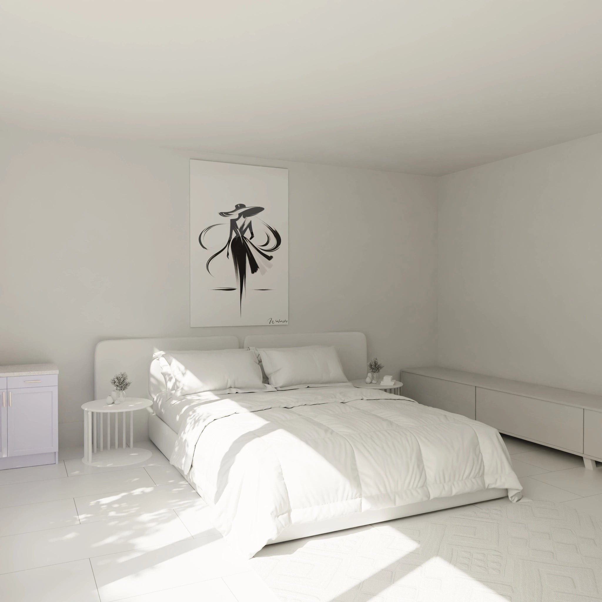 tableau noir et blanc dans un salon accroche au dessus d’un canape ses lignes dynamiques et ses contrastes puissants ajoutent une touche de modernite et de sophistication a la piece

