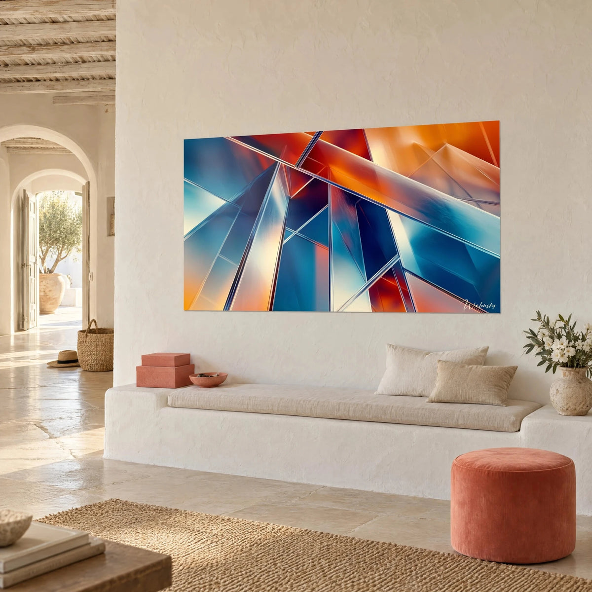 Wall art intersecting geometric planes, copper and turquoise solid blocks with silver edging, on the wall of a Mediterranean vaulted room