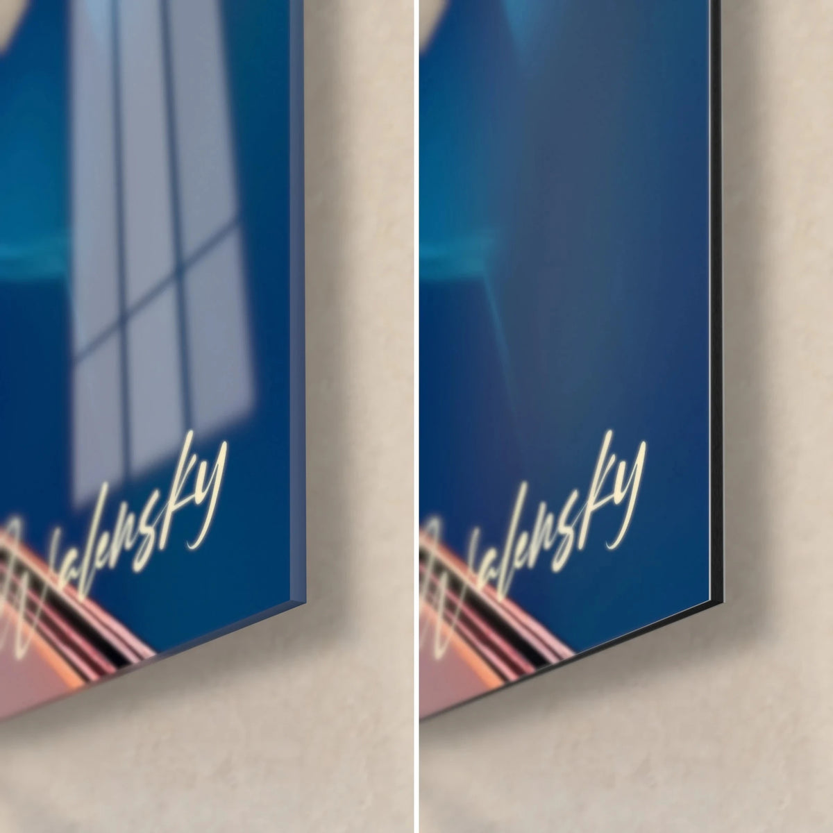 Wall art orange and navy blue glass facets, bottom right corner: glossy acrylic glass on the left, matte Dibond aluminium on the right, 3 mm edge