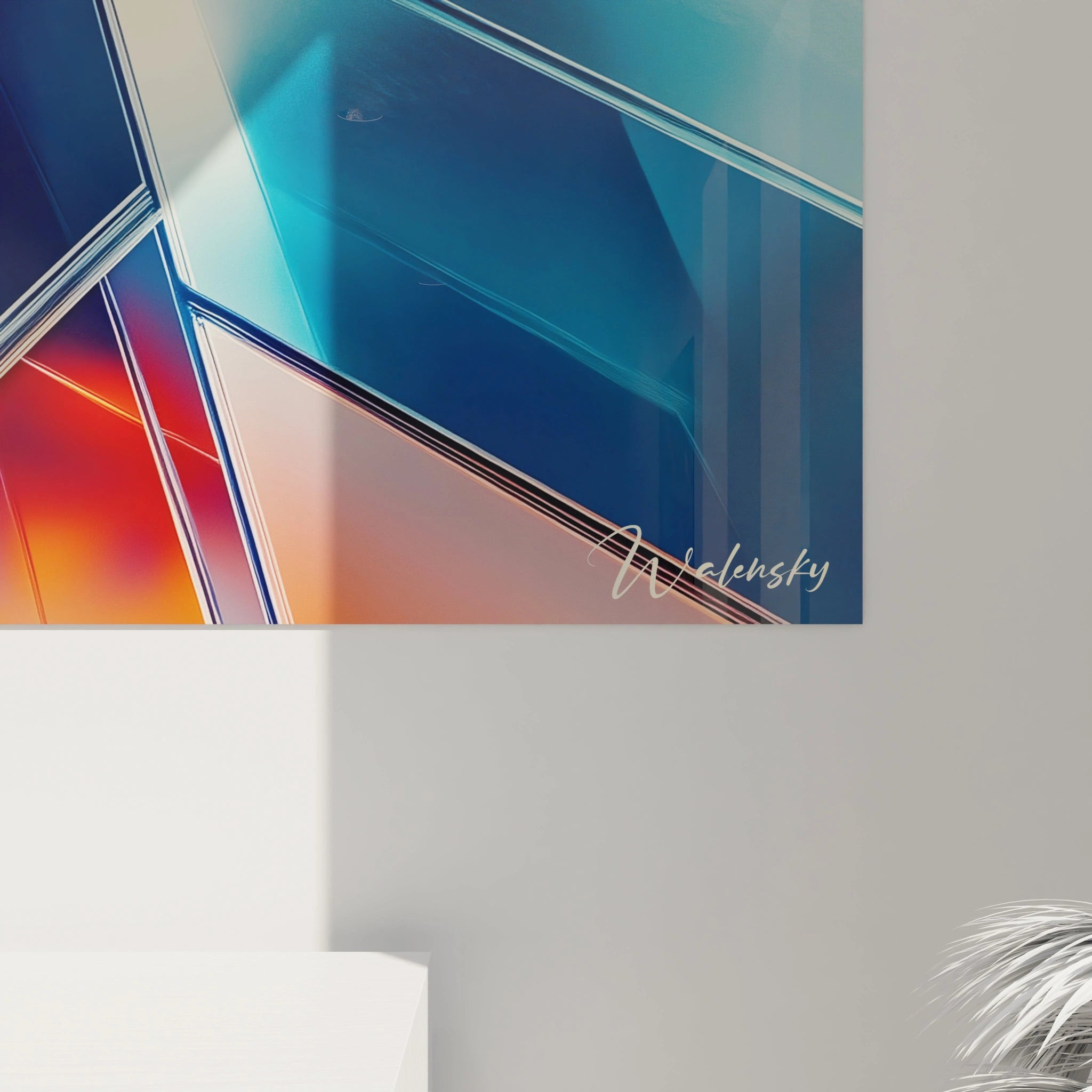 Tableau artistique abstrait avec des formes angulaires en bleu et orange, des textures brillantes et un contraste net entre les couleurs chaudes et froides, ajoutant de la dimension à la composition.






