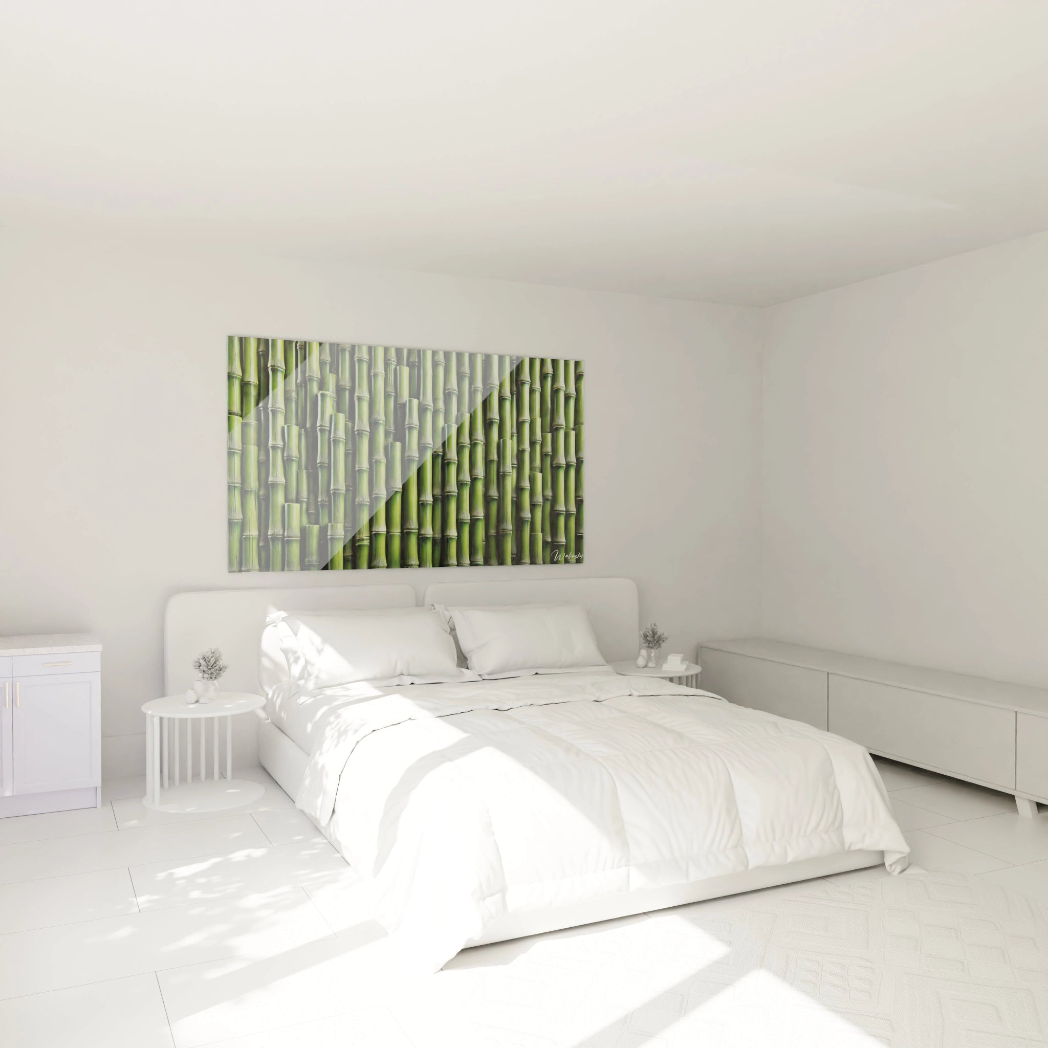 Ce tableau bambou au-dessus du lit transforme votre chambre en havre de paix, apportant calme et harmonie grâce à ses nuances naturelles et son style contemporain.

