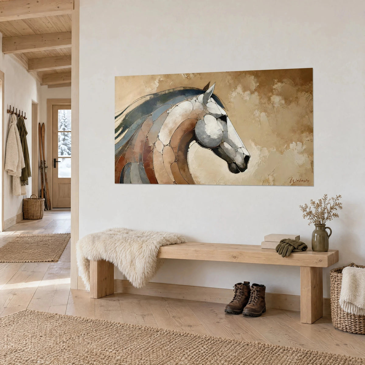 Tableau étalon de profil aux plaques crème et ocre roux, fond sable patiné, au-dessus d'un banc de chalet en vue de trois-quarts