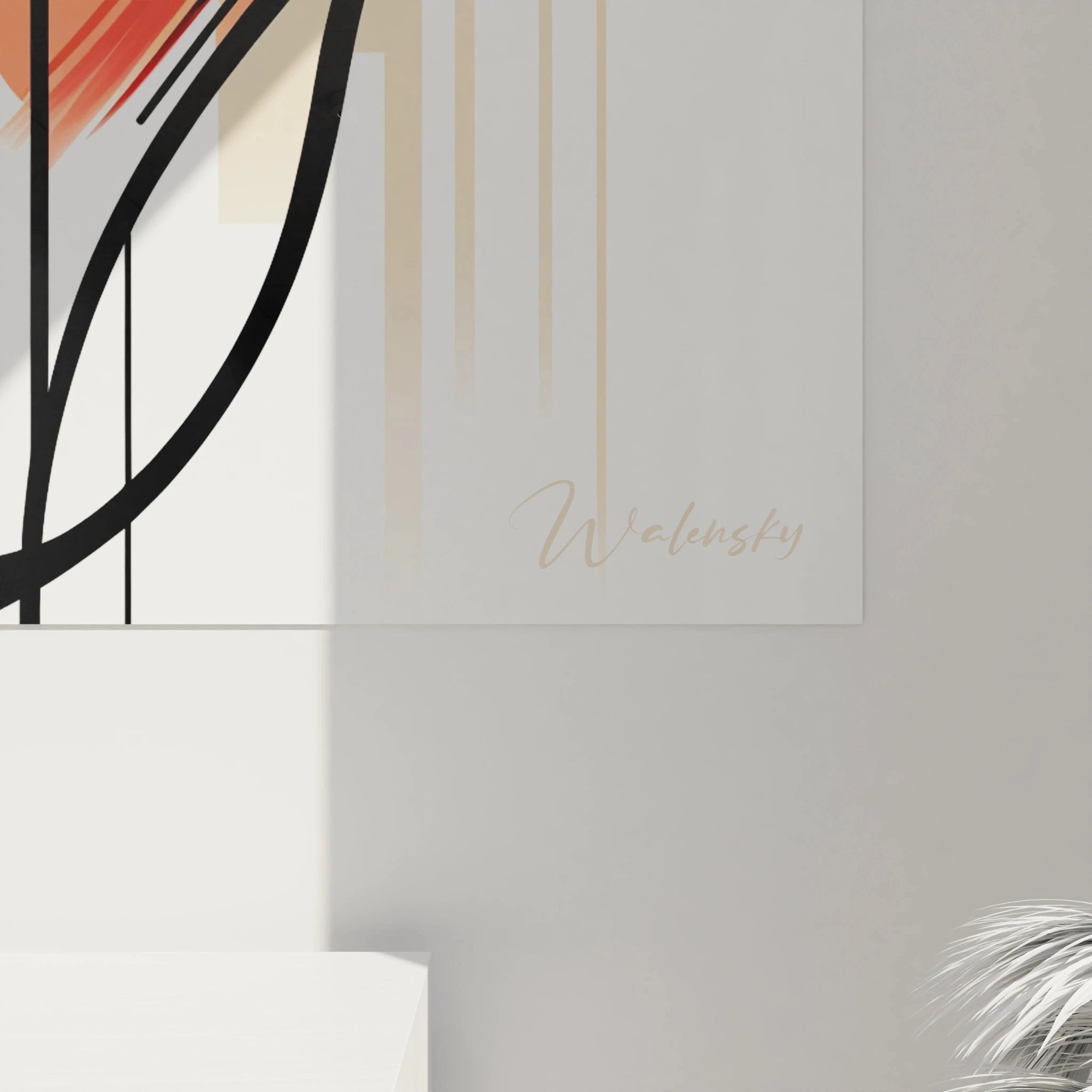 "Gros plan sur un angle du tableau en verre acrylique Pop Art / Rétro, mettant en valeur les détails artistiques et la finition brillante du verre. Art mural moderne et rétro pour décoration intérieure."