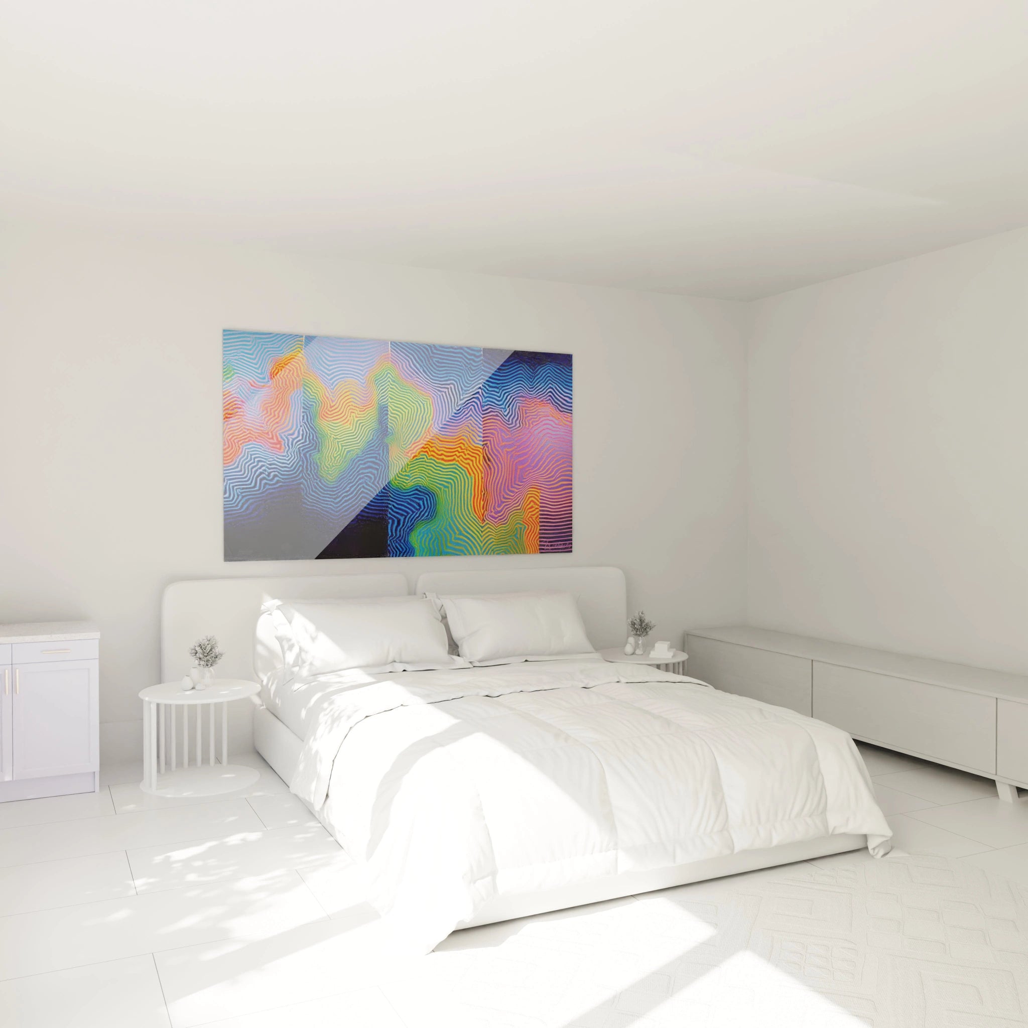 Walensky tableau mural tableau Op Art moderne coloré au dessus du lit blanc dans une chambre minimaliste
