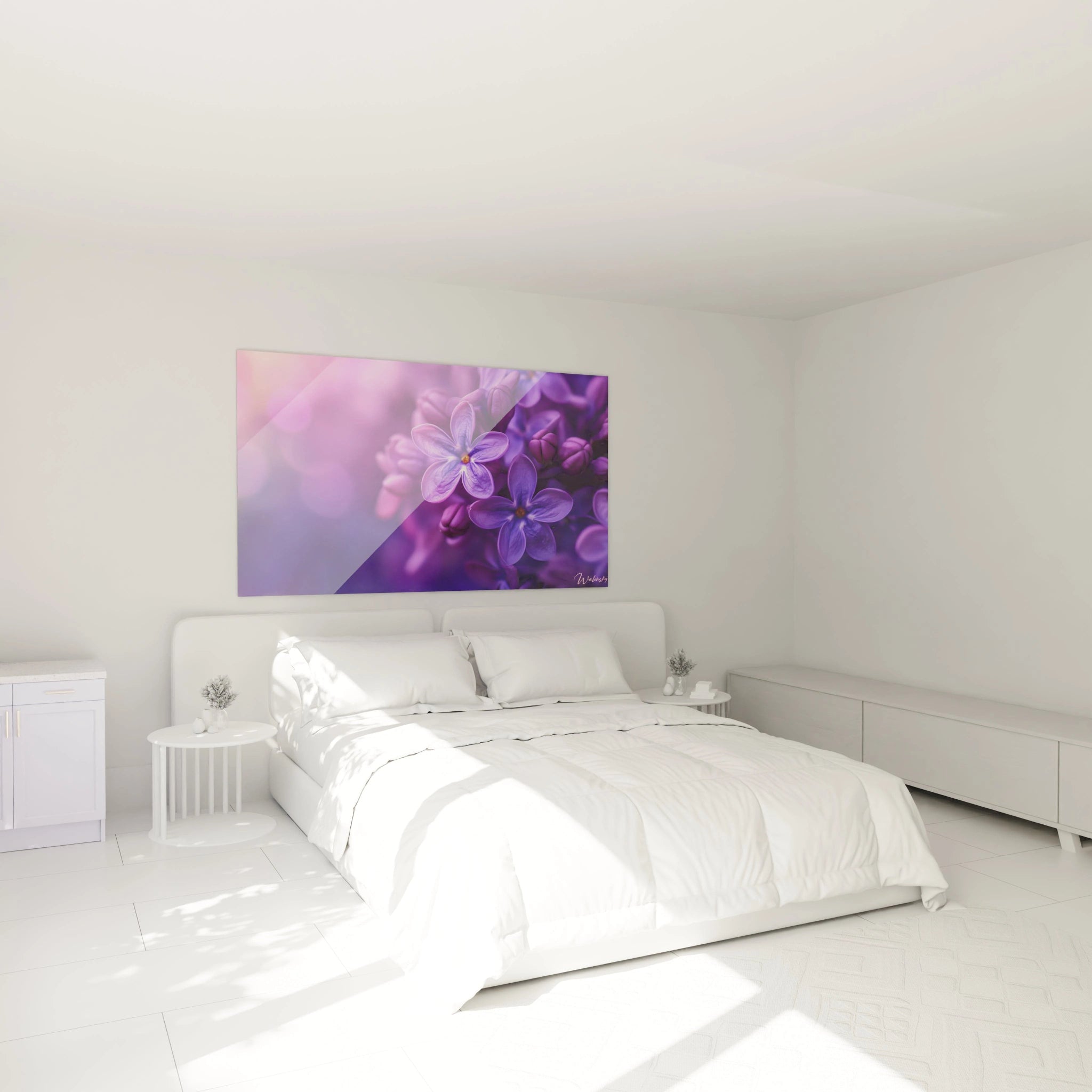 Ce tableau Lilas nature présente un bouquet de lilas, avec des fleurs violettes et roses, sur un fond flouté dans des tons de violet. Les textures douces et légères dominent la composition.


