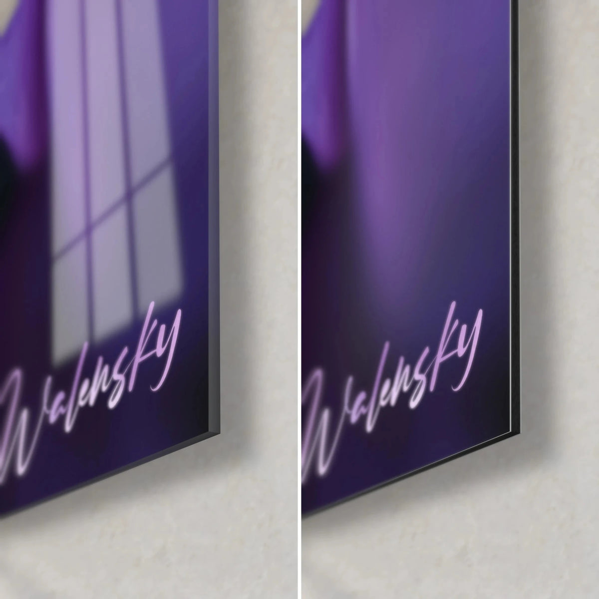 Cuadro flor de lila violeta y azul, esquina inferior derecha: cristal acrílico brillante a la izquierda, aluminio Dibond mate a la derecha, canto de 3 mm
