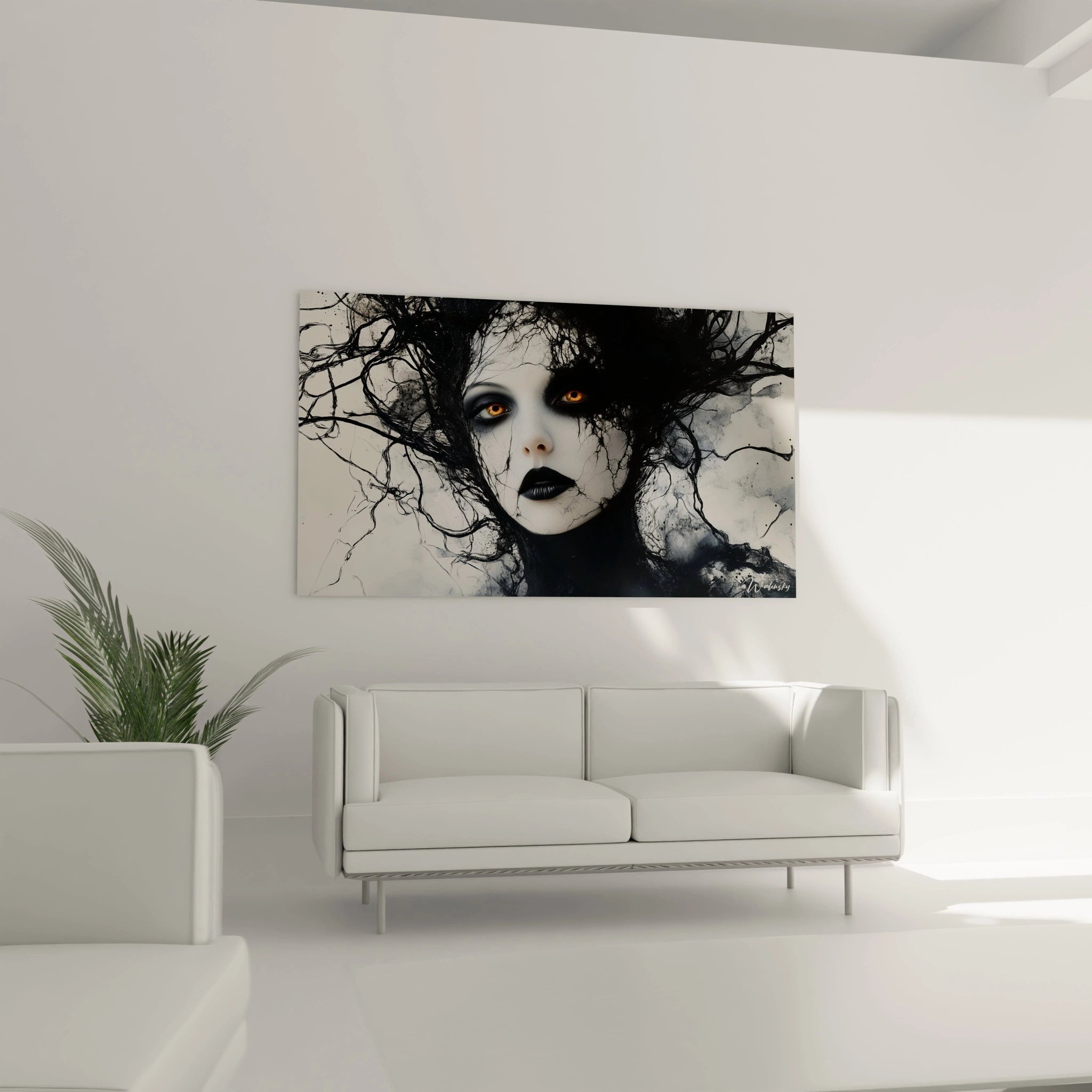 Un tableau Lilith sombre présentant une figure féminine au teint spectral avec des lèvres et des yeux noirs contrastant avec des iris ambrés lumineux. Des éléments noirs aux textures variables encadrent le visage, créant un effet de dissolution entre ombre et lumière.
