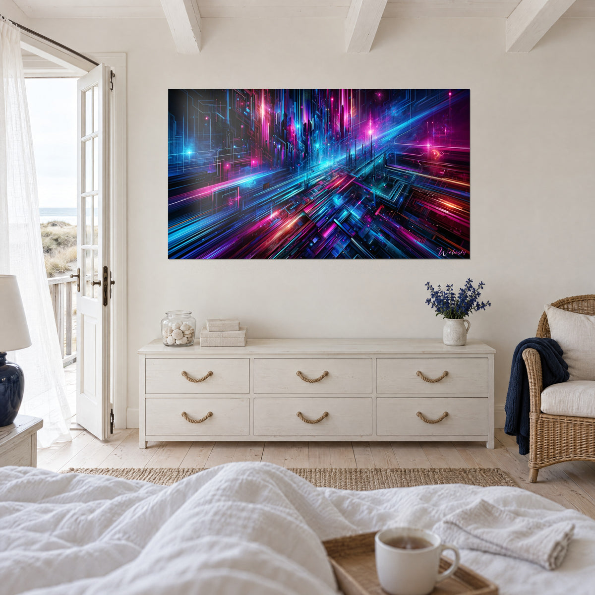 Gemälde einer Lichtautobahn in Violett und Türkis, schwindelerregende Perspektive, über einem Bett in einem hellen Schlafzimmer