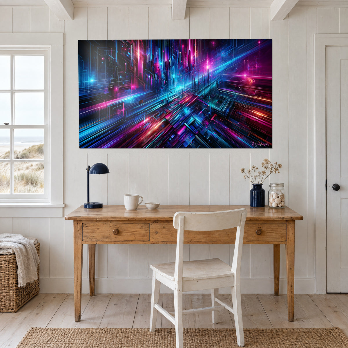 Gemälde virtueller Wolkenkratzer und Lichtspuren in Purpur und Azurblau, über einem Schreibtisch aus hellem Holz, am Meer