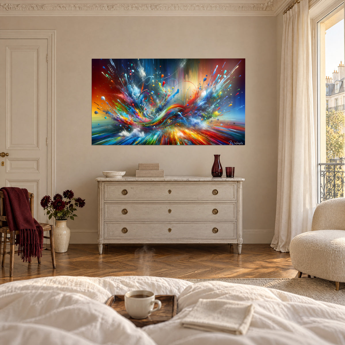 Gemälde mit Wirbel lebhafter Farben, grünes und rotes Band, weiße Lichtblitze auf blauem Grund, über einem Bett in einem hellen Schlafzimmer