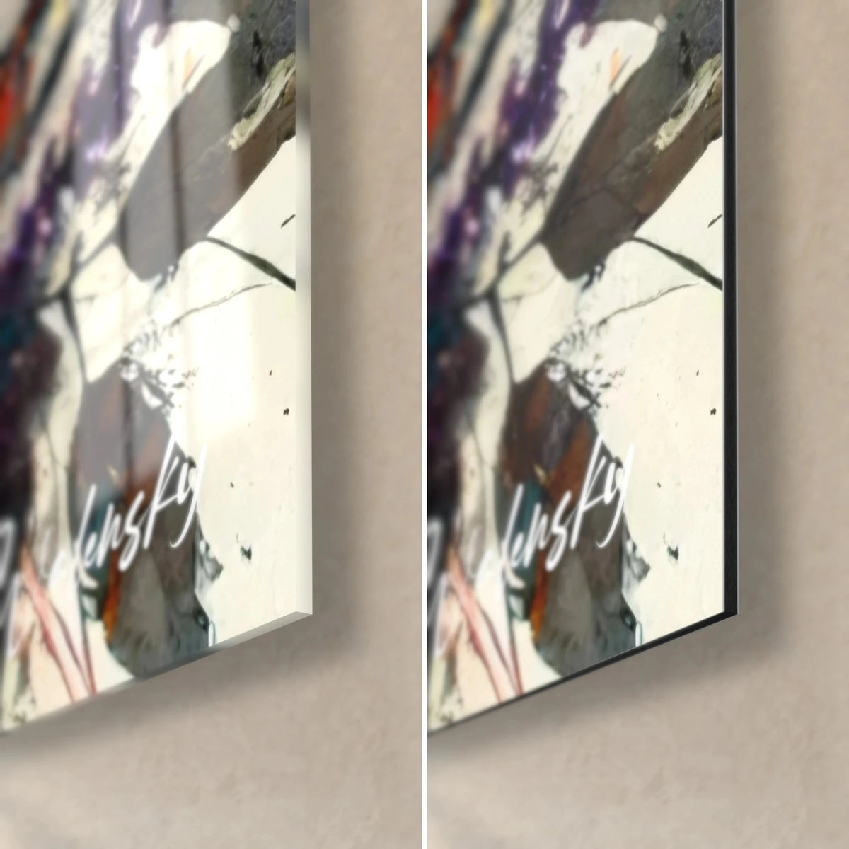 Tableau panda en peinture éclaboussée, coin bas droit : verre acrylique brillant à gauche, alu Dibond mat à droite, tranche de 3 mm
