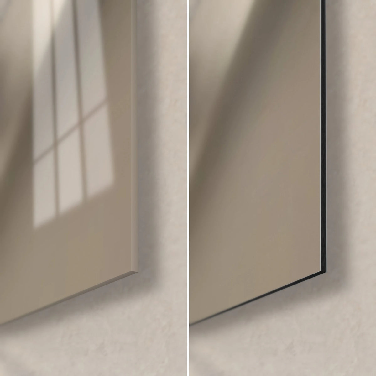 Gemälde Hai in Elfenbein und Grau, untere rechte Ecke: glänzendes Acrylglas mit Spiegelung des Fensters, mattes schwarzes Dibond, 3 mm Kante