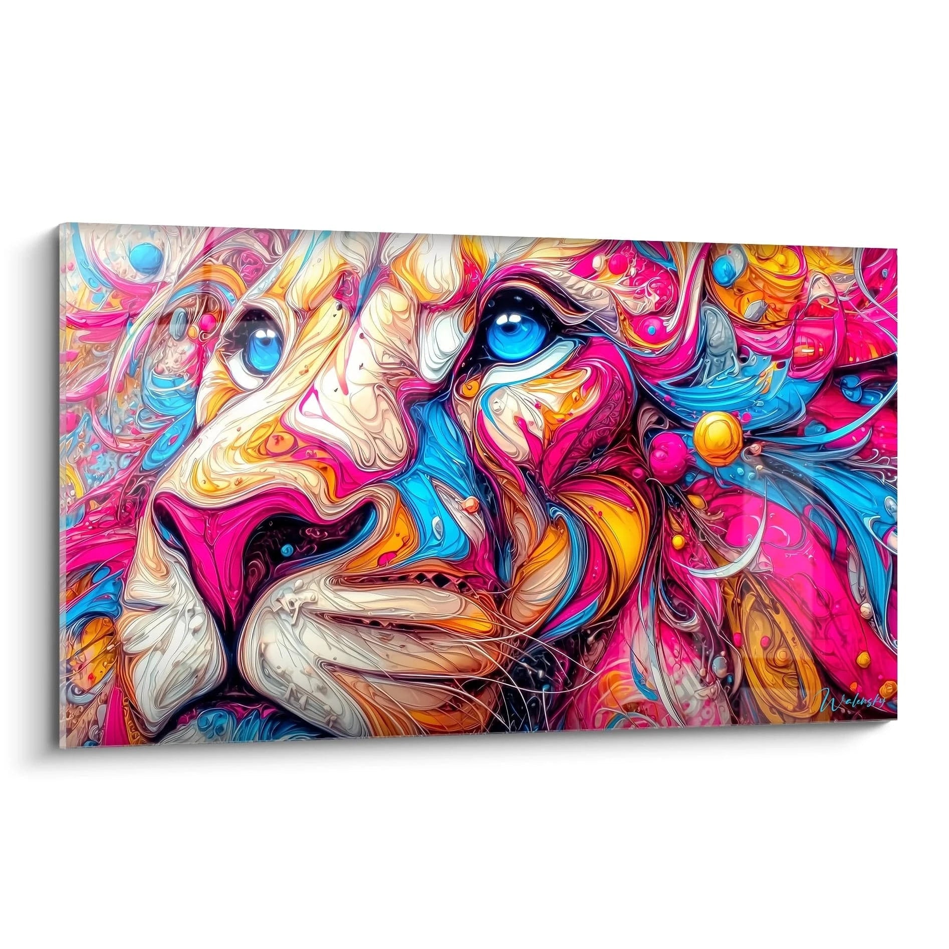 Tableau mural visage abstrait psychédélique aux couleurs vives fusionnées rose bleu orange