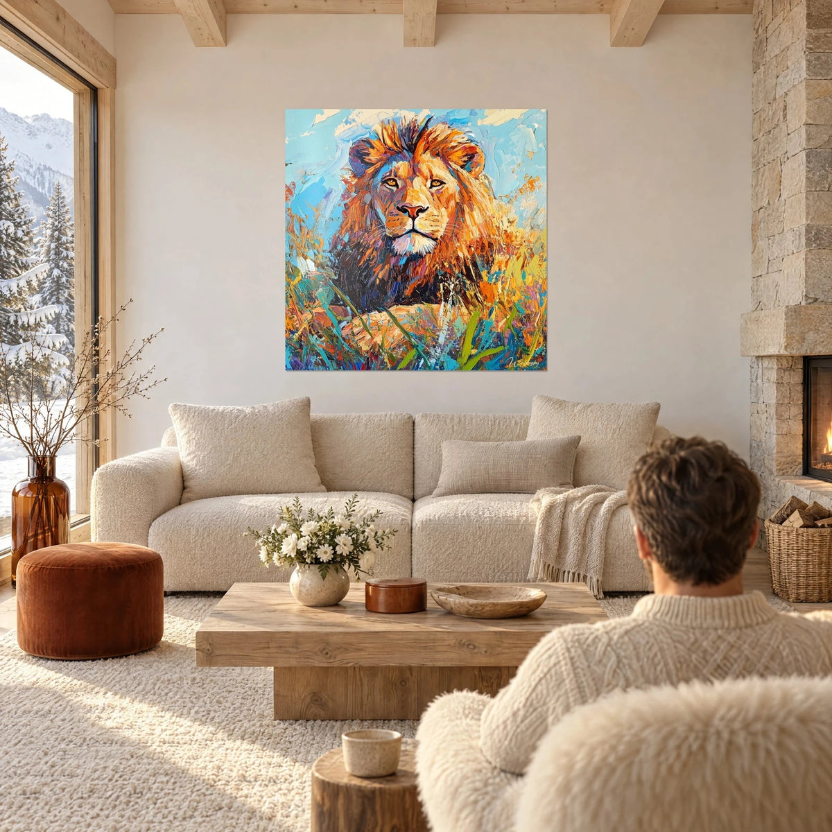 Gemälde Löwe mit orangefarbener und blauer Mähne, mit der Spachtel gemalt, an der Wand über einem Sofa in einem hellen Wohnzimmer