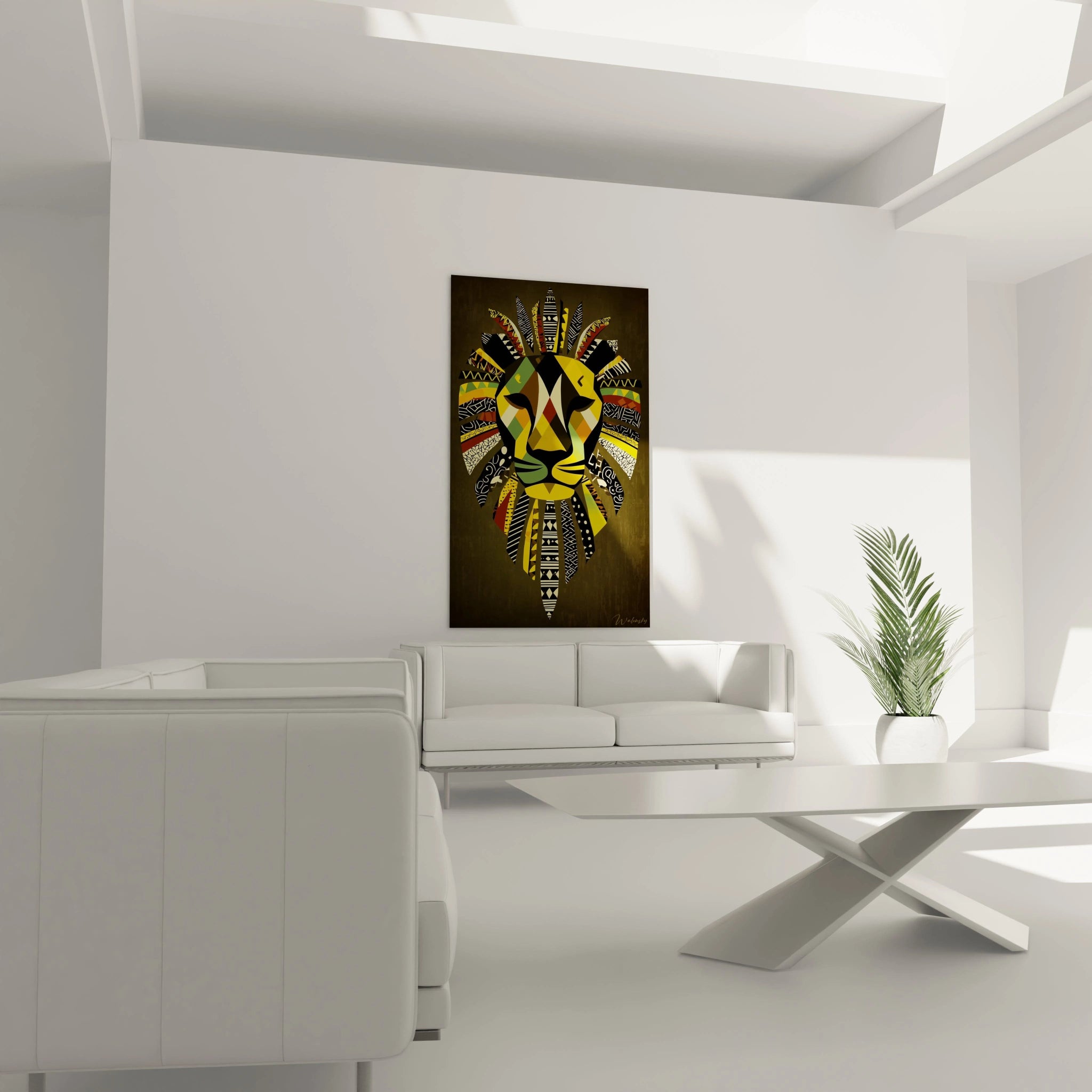 Tableau mural Walensky avec illustration moderne de tete de lion aux motifs ethniques colores tableau lion tribal pour salon