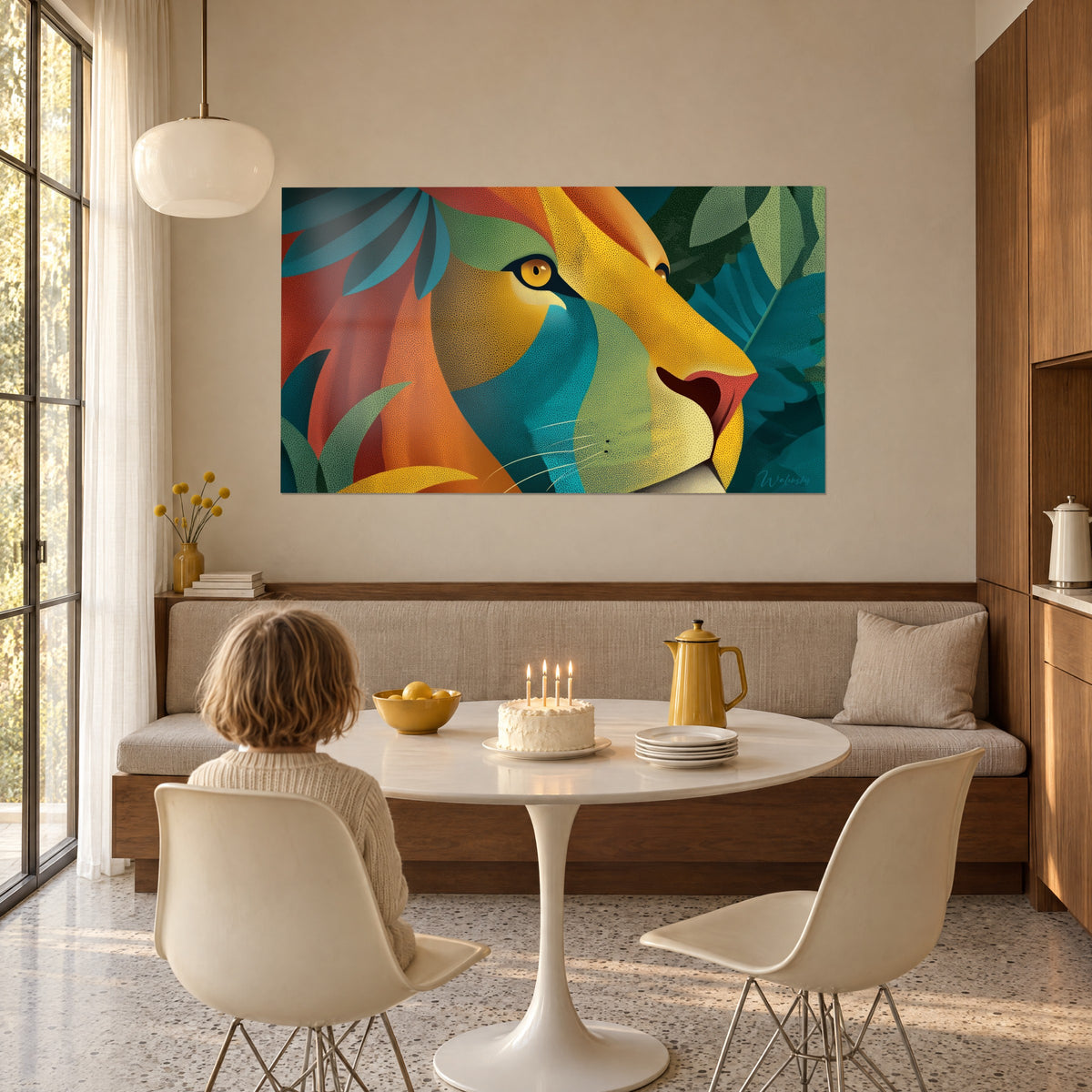 Schilderij van een gestileerde leeuwenkop in oranje, groen en turquoise, kind van achteren voor een verjaardagstaart, lichte eetkamer