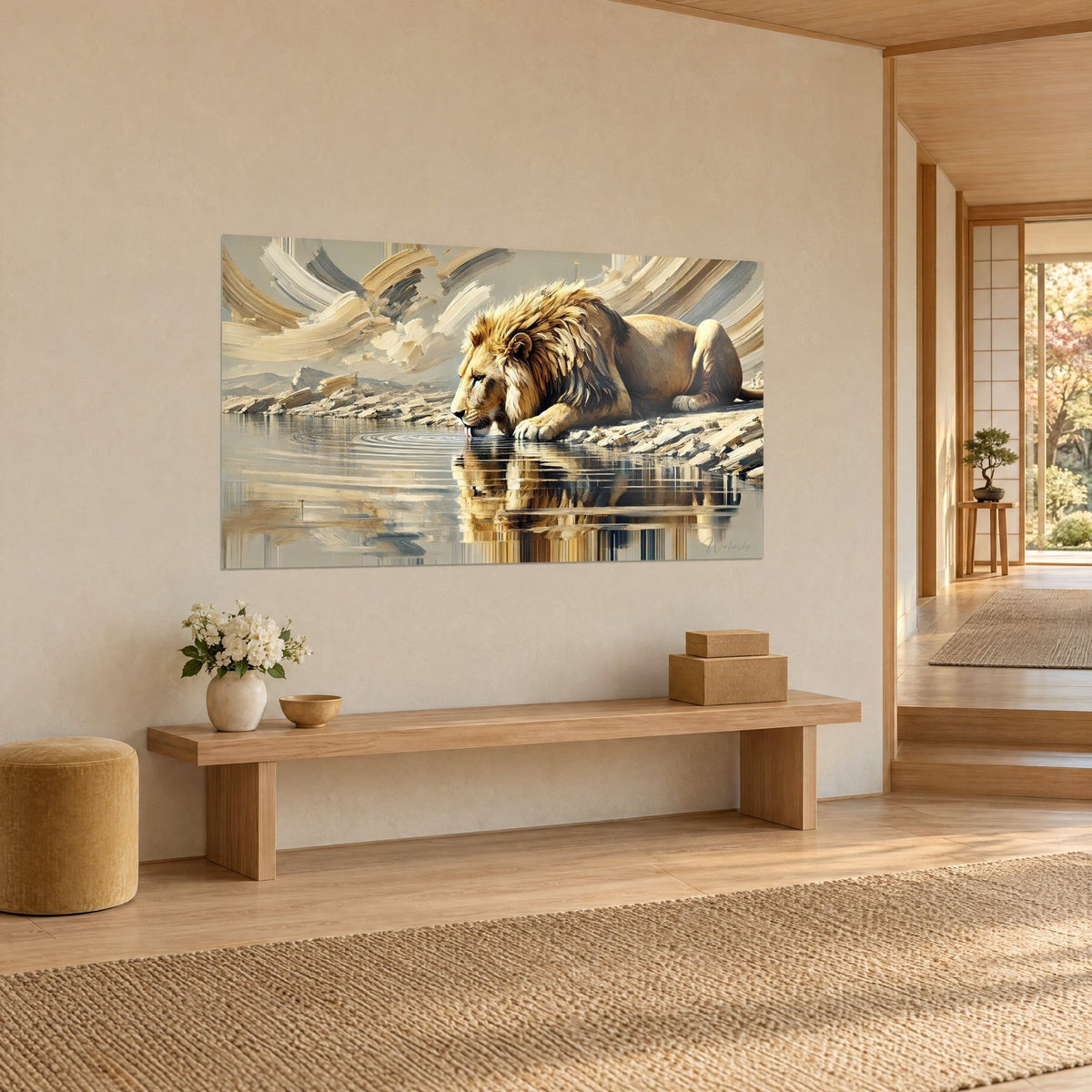 Wall art tawny-maned big cat lying at a lakeside, rippling ochre and silver reflection, three-quarter view on a cream Japandi wall