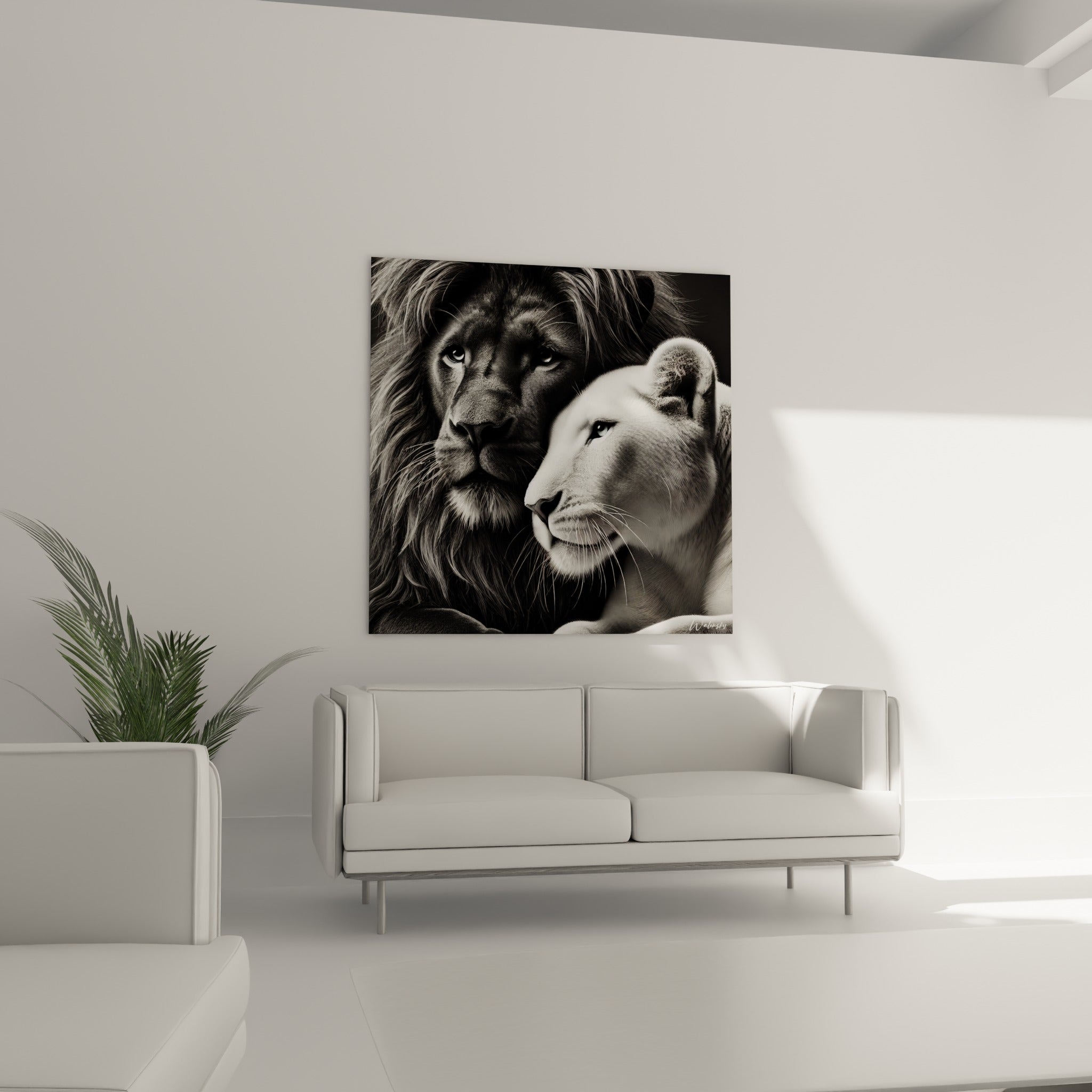 Couple de lions en clair-obscur, pelage gris foncé et blanc nacré, au-dessus d'un canapé dans un salon lumineux