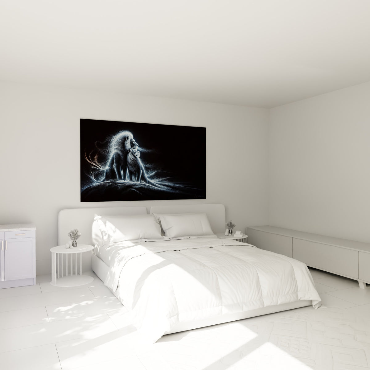 Duo de lions lumineux bleu et anthracite accroché au-dessus d'un lit dans une chambre claire