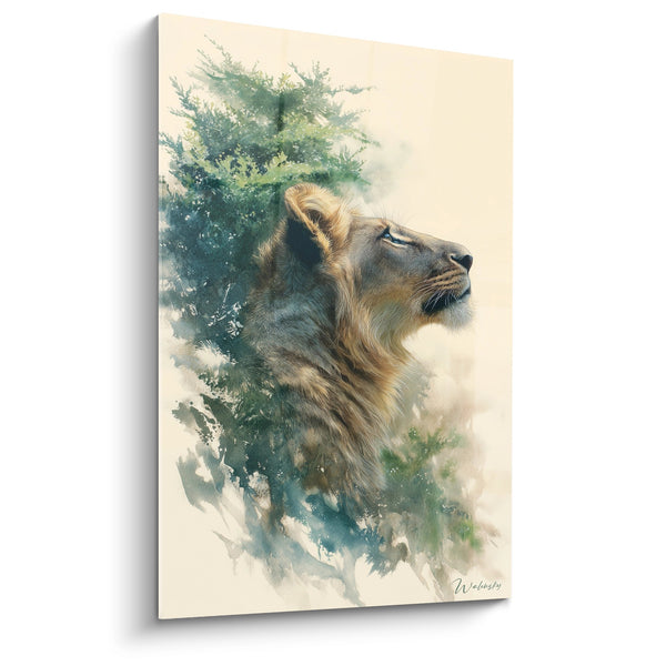 Cuadro León Perfil Majestuoso Acuarela Verde y Dorada - Mirada Noble - Edición León