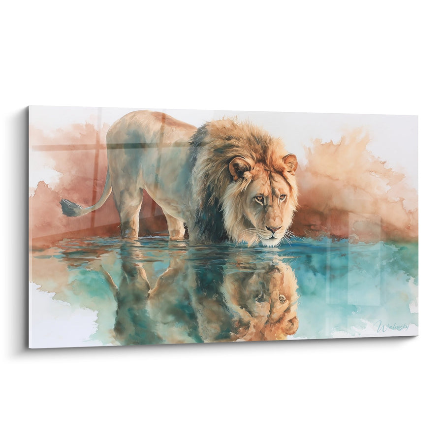 Tableau lion majestueux au bord de l'eau avec reflet aquarelle - Reflet Royal - Edition Lion