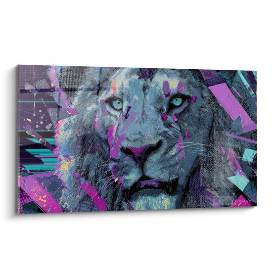 Leeuw Schilderij met Paarse en Turquoise Tinten - Modern Digitaal Kunstwerk - Leeuwen Editie