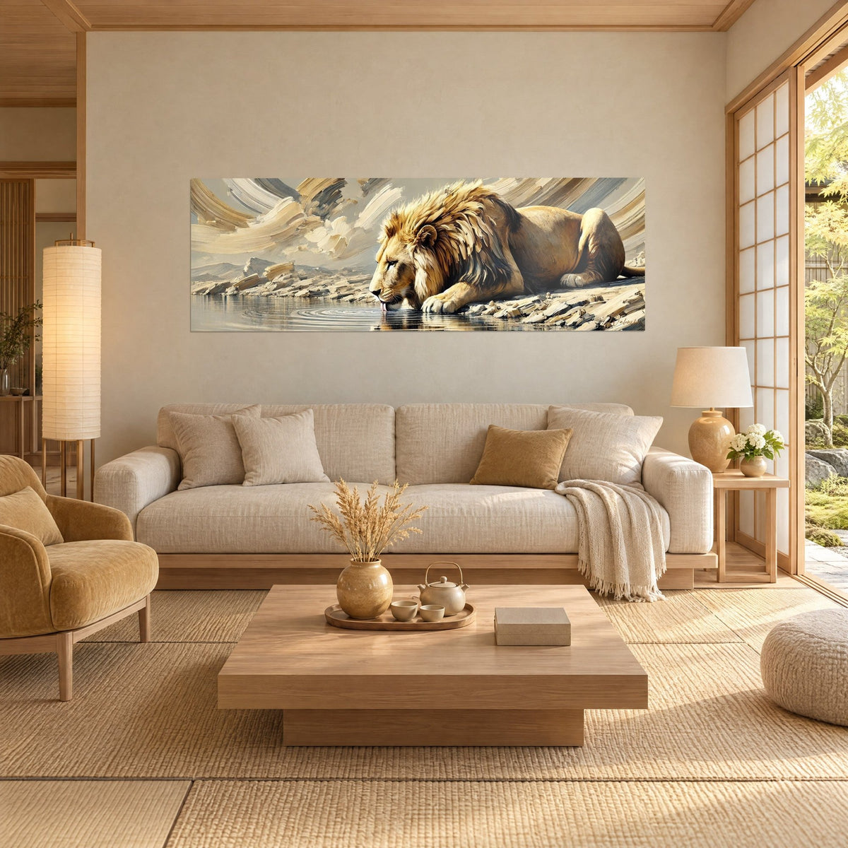 Wall art of a lion with a golden mane drinking water, beige spiral brushstrokes in the sky, above a sofa in a bright living room