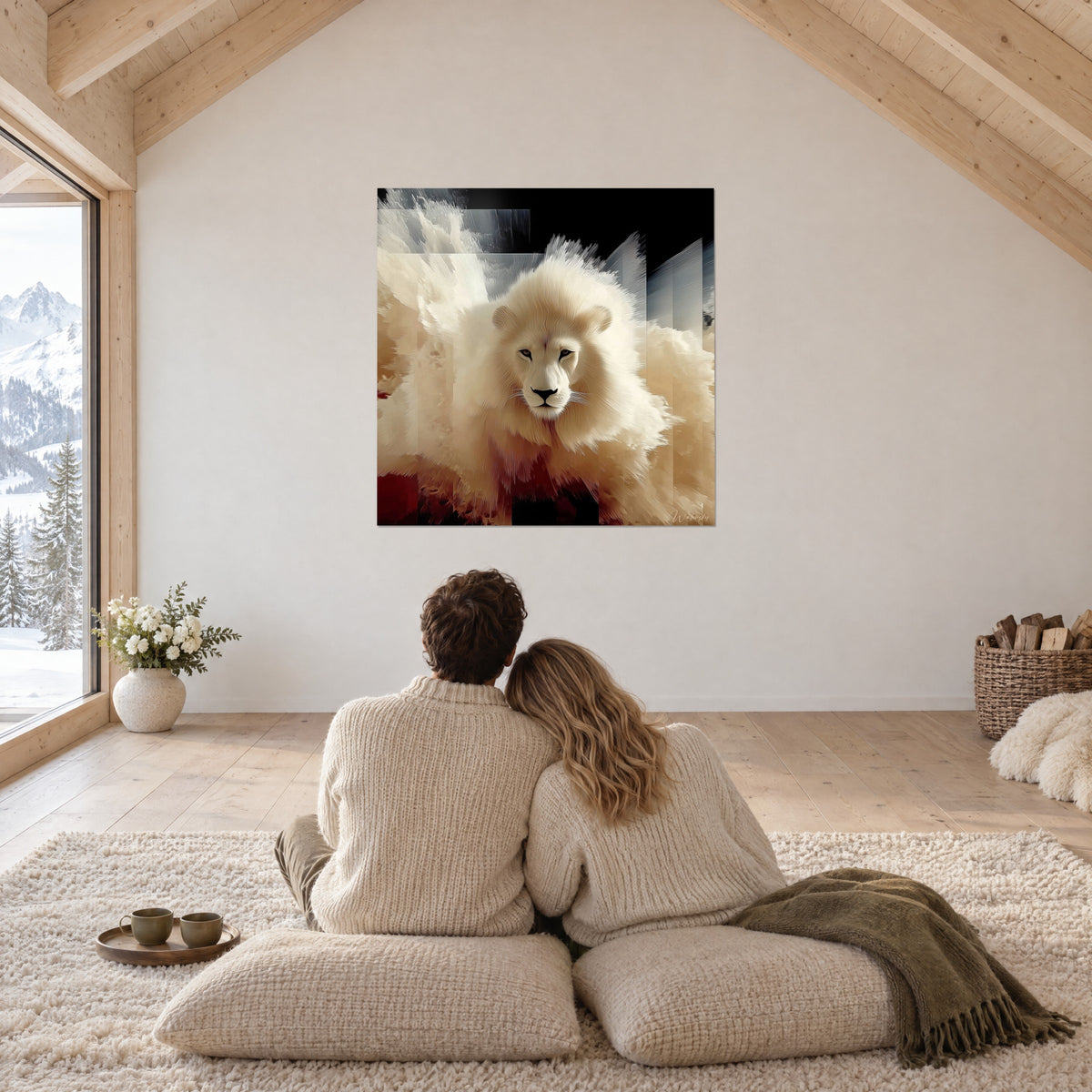 Wall art white lion with a blazing cream and honey mane, a couple seen from behind on cushions, beneath the beams of a mountain chalet