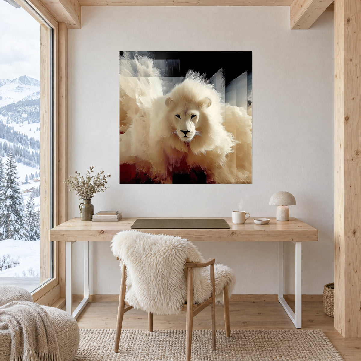 Wall art big cat with a mane of golden snow flakes, black and burgundy at the bottom, above a bright desk near a window