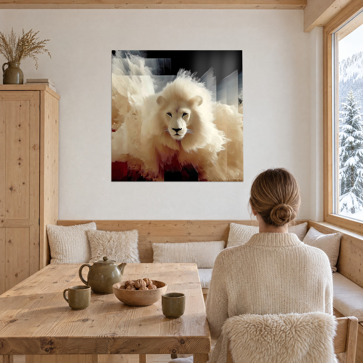 Wall art portrait of an albino lion with a steady gaze, cream and sand tones, two people seen from behind near a wooden table, snowy mountain chalet