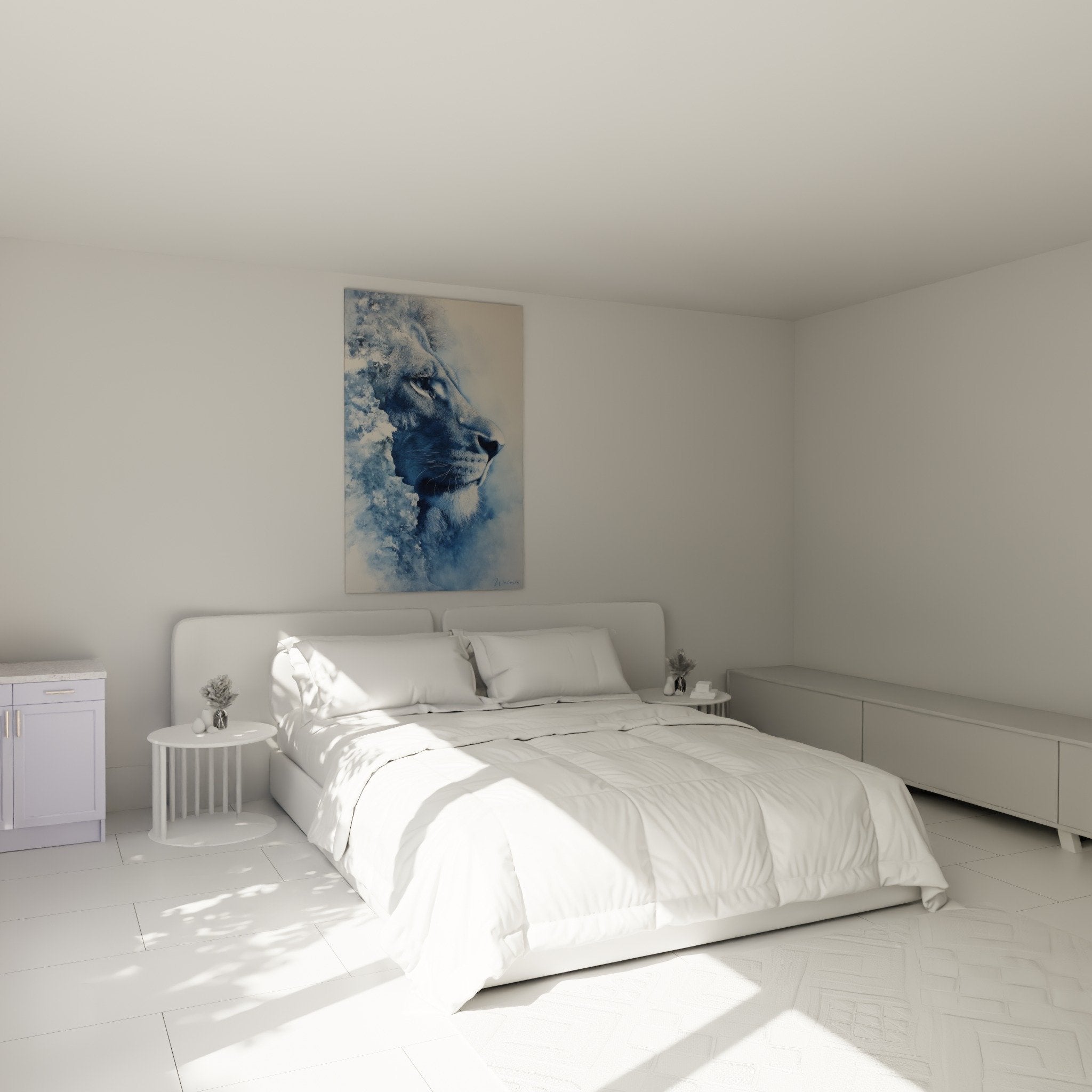 Tableau lion bleu aquarelle installe au dessus lit chambre decoration murale apaisante