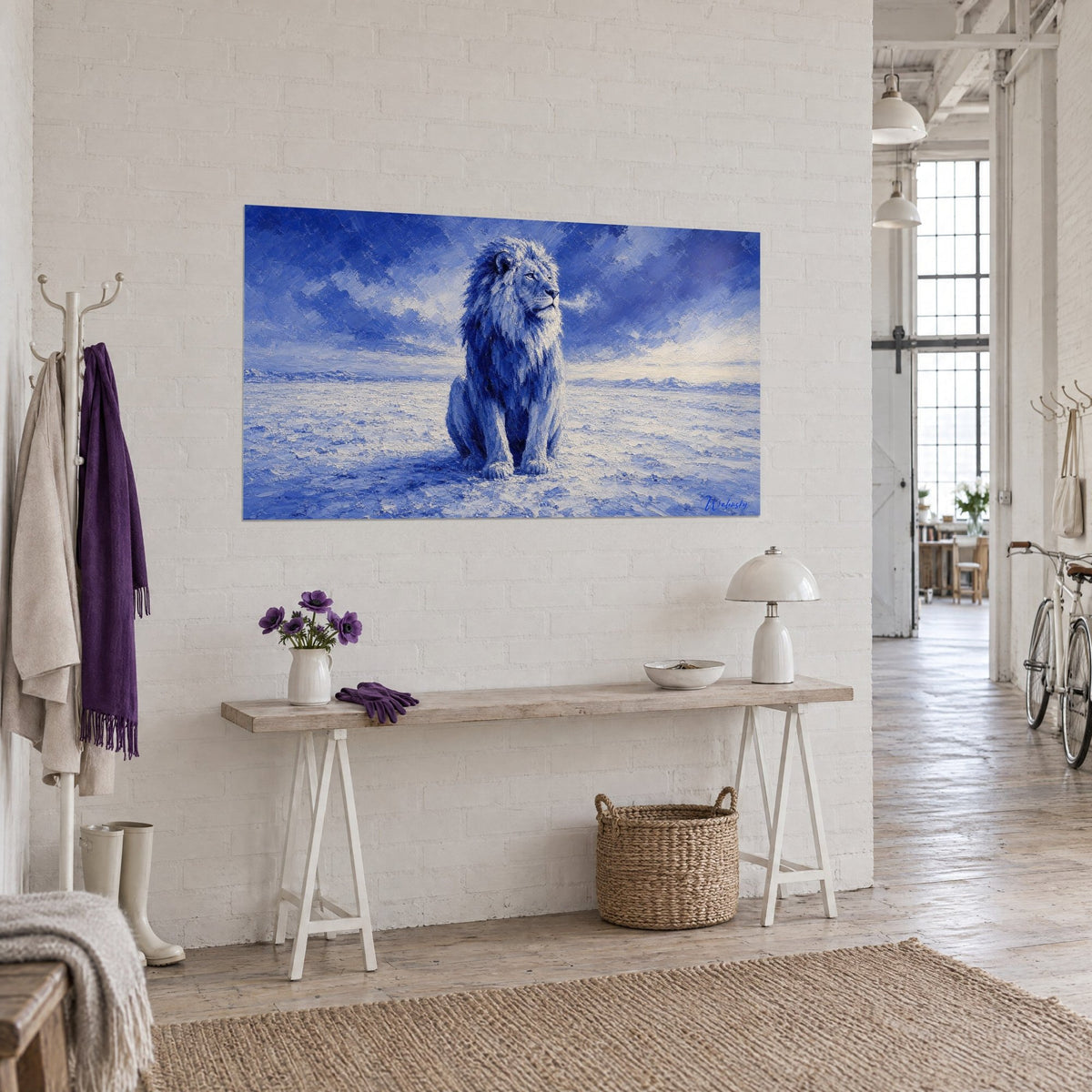 Gemälde König der Tiere im Profil, ultramarinblaues und eisweißes Fell, Eisfeld in pastosen Schichten, dreiviertel Ansicht in einem Loft