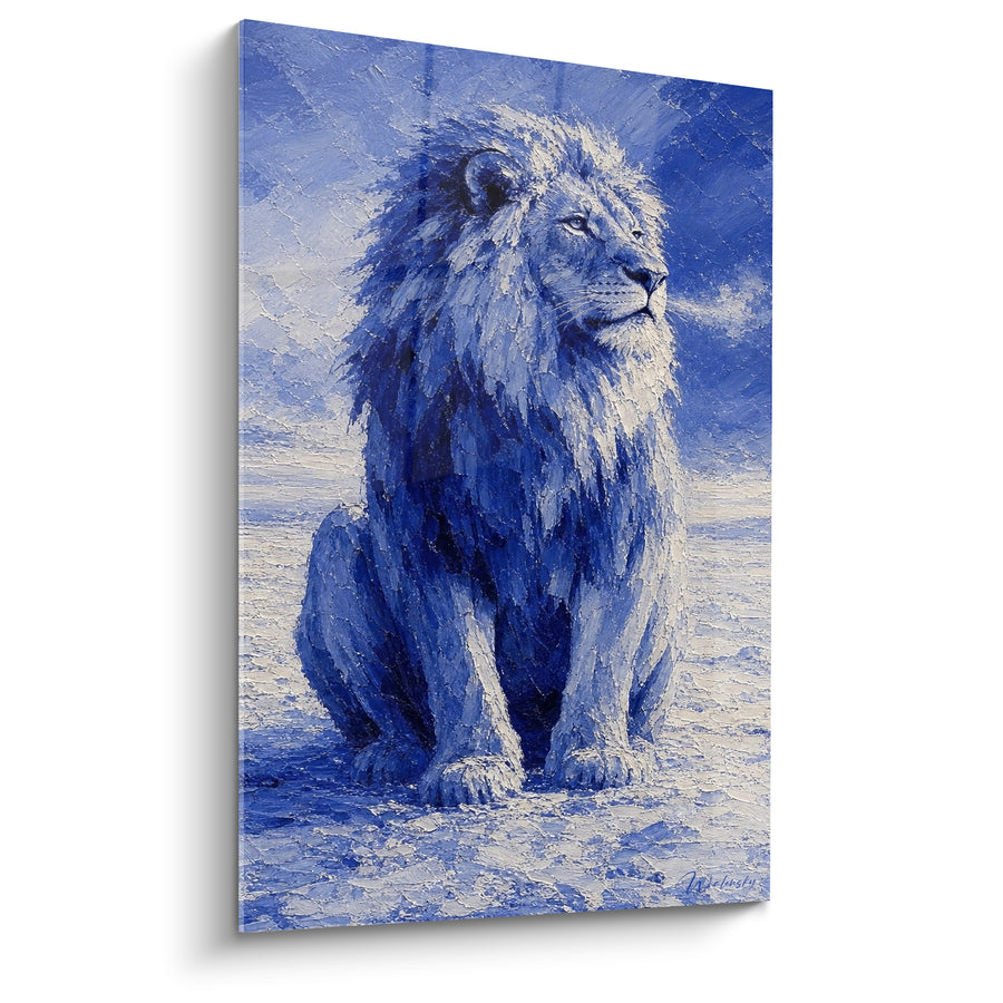 Tableau Lion assis bleu et blanc texturé - Contemplation glaciale - Edition Lion