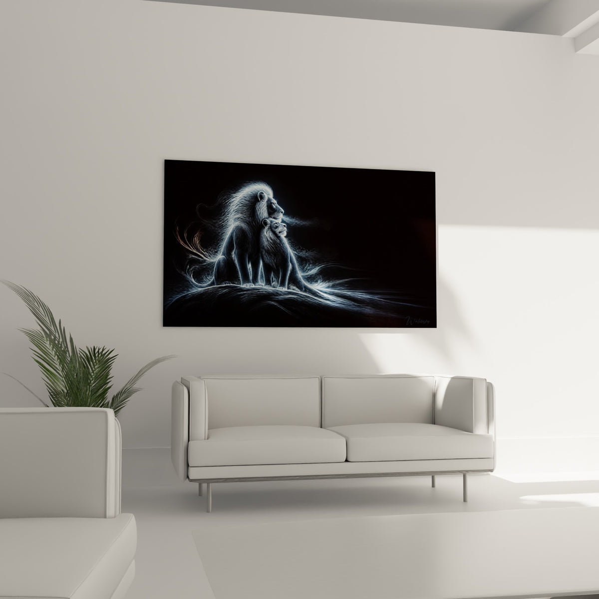 Silhouettes de lions filaments bleus et noirs suspendues au-dessus d'un canapé dans un salon lumineux