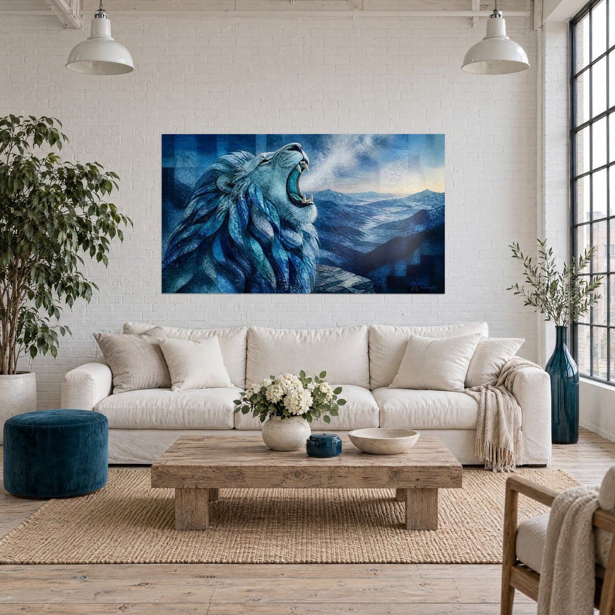 Wall art roaring lion with midnight blue and turquoise mane, frosted mountains in the background, above a sofa in a bright living room