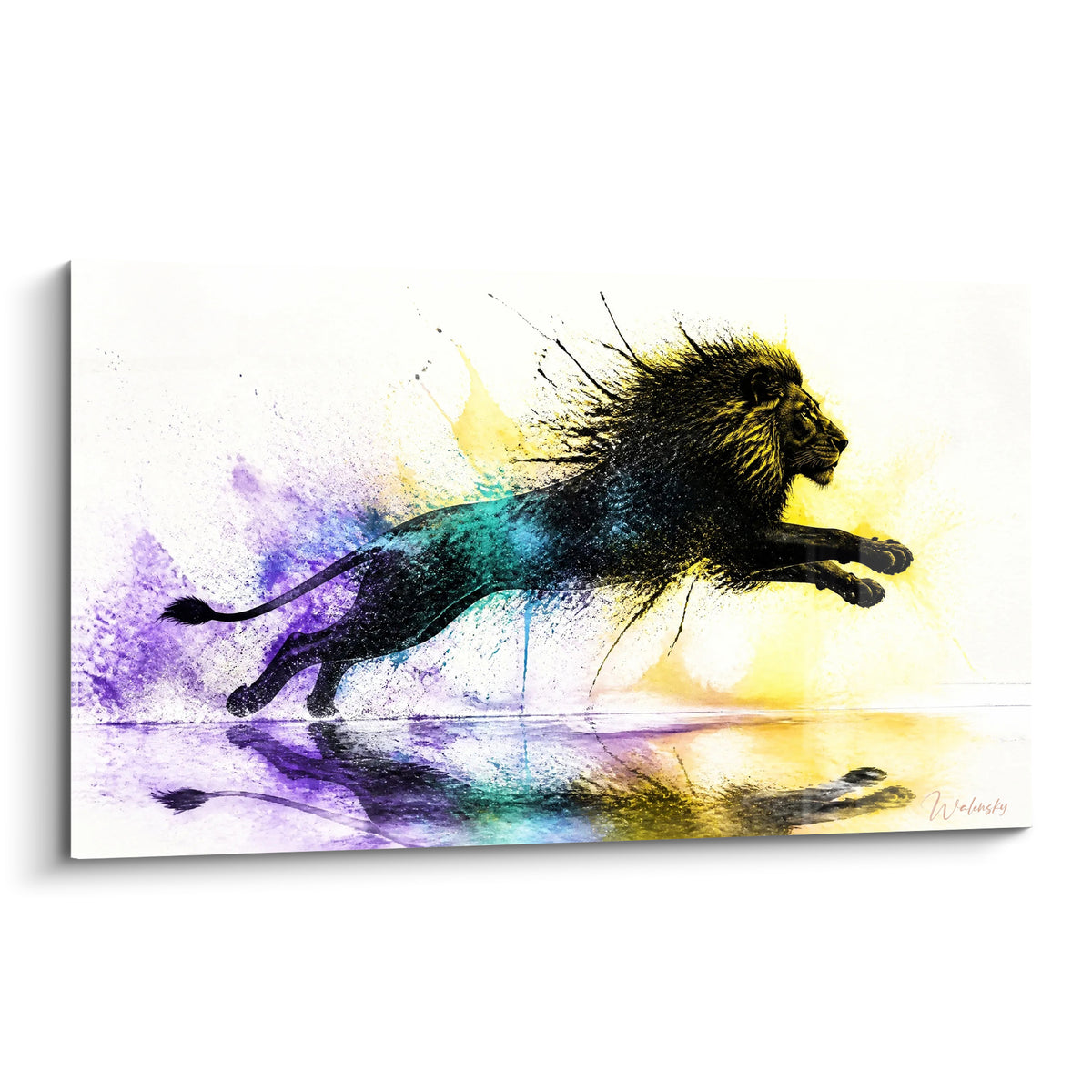 Lion bondissant en noir doré, crinière hérissée, éclaboussures violettes et turquoise sur fond blanc