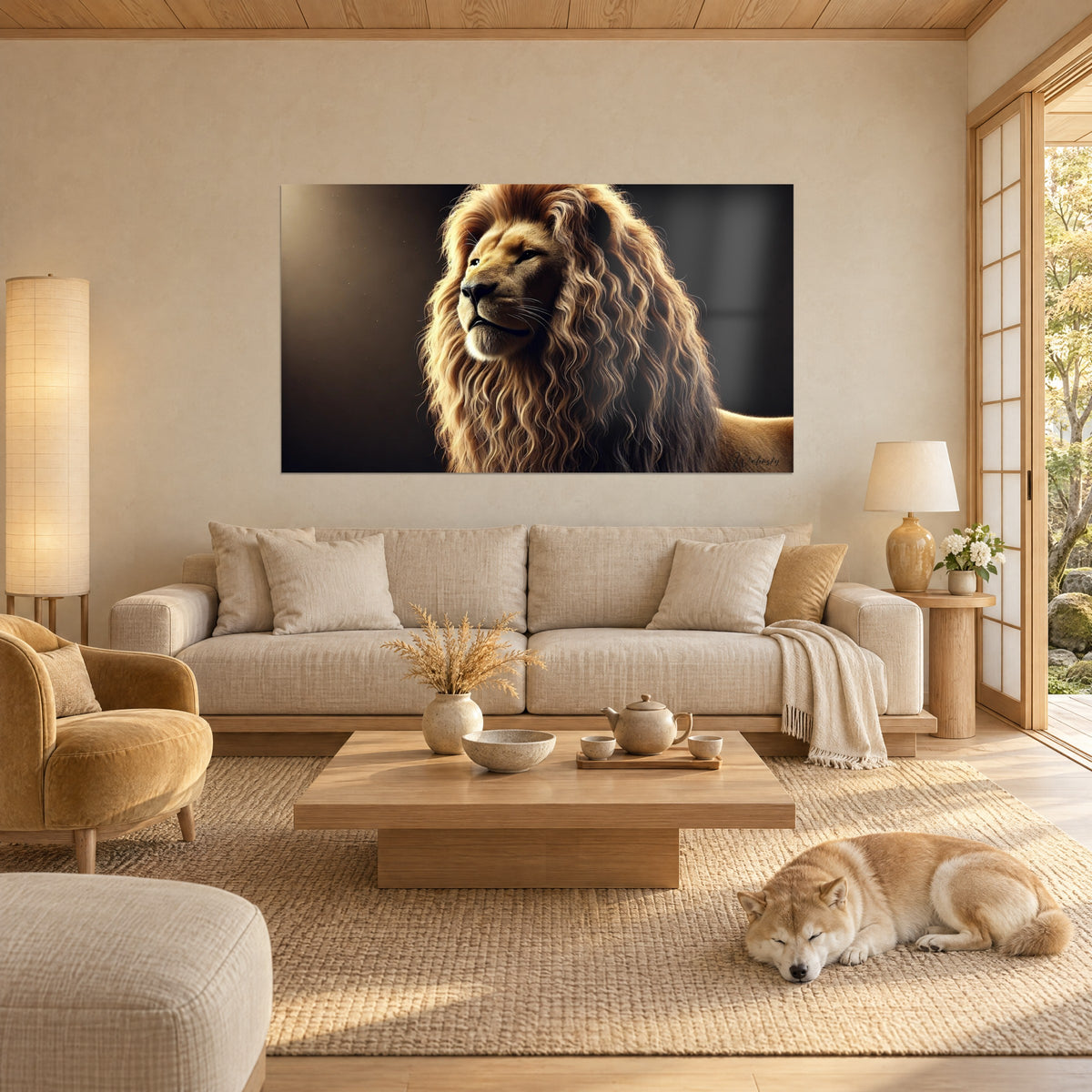 Tableau lion à la crinière bouclée dorée sur fond brun sombre, face à un Shiba endormi, au-dessus d'un canapé dans un salon lumineux