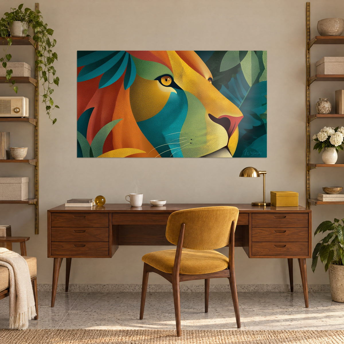 Schilderij van een abstracte leeuw met olijfgroene en petroleumblauwe bladeren, koraalrode neus, beige muur boven een houten bureau
